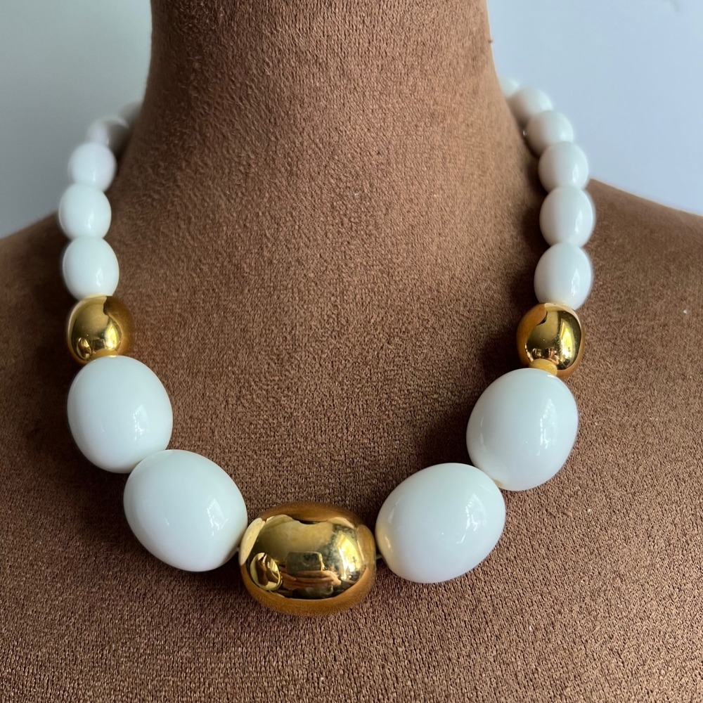 Monet Vintage White Gold Chunky Bead Statement Necklace 19-21 Inch Retro Mod